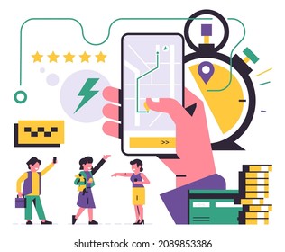Taxi ordering service mobile application concept. A hand holding a phone with booking a taxi on the display. Passengers waiting for a car, stopwatch, money, card, payment. Flat vector illustration