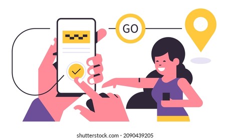 Taxi ordering service mobile application concept. A hand holding a phone with booking a taxi on the display. Urban cab service, happy woman, web banner, line. Flat vector illustration