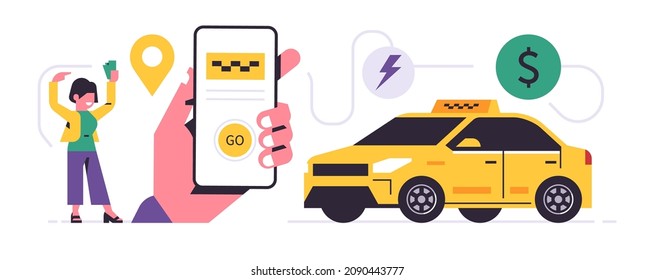 Taxi ordering service mobile application concept. A hand holding a phone with booking a taxi on the display. Woman with money, yellow car, line, pin, bolt, dollar, sign, icon. Flat vector illustration