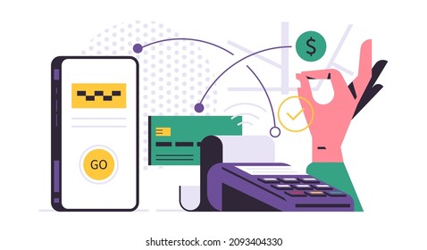 Taxi ordering service mobile application concept. Phone with application for ordering a taxi on display. Successful online payment for the city cab service. Bank card, hand. Flat vector illustration