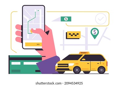 Concepto de aplicación móvil del servicio de pedidos de taxi. Una mano sosteniendo un teléfono con la reserva de un taxi en el mapa de la ciudad en una pantalla de un smartphone. Servicio de taxi urbano, auto amarillo. Ilustración vectorial plana
