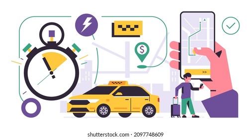 Taxi ordering service mobile application concept. A hand holding a phone with booking a taxi on the city map on a smartphone display. Urban cab service. Yellow car, tourist. Flat vector illustration