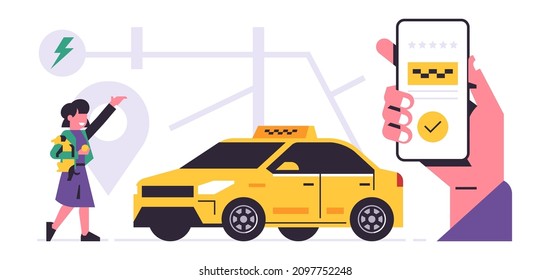 Concepto de aplicación móvil del servicio de pedidos de taxi. Una mano sosteniendo un teléfono con la reserva de un taxi en la pantalla. Servicio de taxi urbano, auto amarillo, mapa de la ciudad, mujer feliz. Ilustración vectorial plana