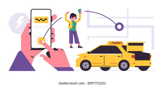 Concepto de aplicación móvil del servicio de pedidos de taxi. Una mano sosteniendo un teléfono con la reserva de un taxi en la pantalla. Servicio de taxi urbano, auto amarillo, mapa de la ciudad, mujer feliz. Ilustración vectorial plana