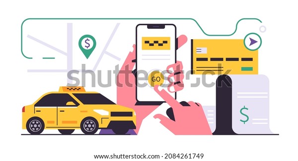 Taxi ordering service mobile application\
concept. A hand holding a phone with booking a taxi on the display.\
Successful online payment for a trip through a mobile application.\
Flat vector illustration