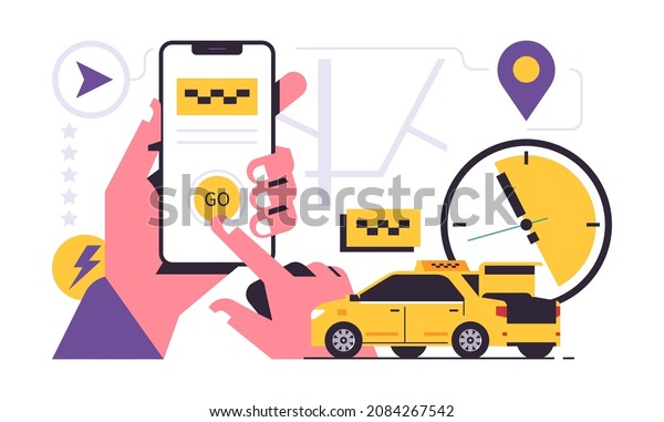 Taxi
ordering service mobile application concept. A hand holding a phone
with booking a taxi on the display. Urban cab service. Yellow car,
stopwatch, map, gps. Flat vector
illustration