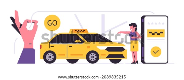 Taxi\
ordering service mobile application concept. Phone with application\
for ordering a taxi on display. Transportation of people by yellow\
car. Woman passenger and hand showing ok\
symbol