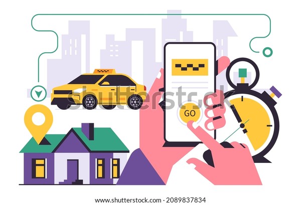 Taxi ordering\
service mobile application concept. A hand holding a phone with\
booking a taxi on the display. Car, city, stopwatch, line, sign,\
icon. Flat vector\
illustration.