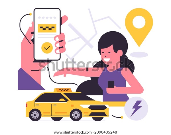 Taxi\
ordering service mobile application concept. A hand holding a phone\
with booking a taxi on the display. Happy woman, yellow car, city\
map, gps point, pin, icon. Flat vector\
illustration