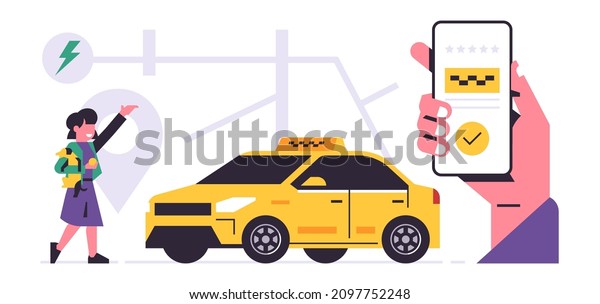 Taxi\
ordering service mobile application concept. A hand holding a phone\
with booking a taxi on the display. Urban cab service, yellow car,\
city map, happy woman. Flat vector\
illustration