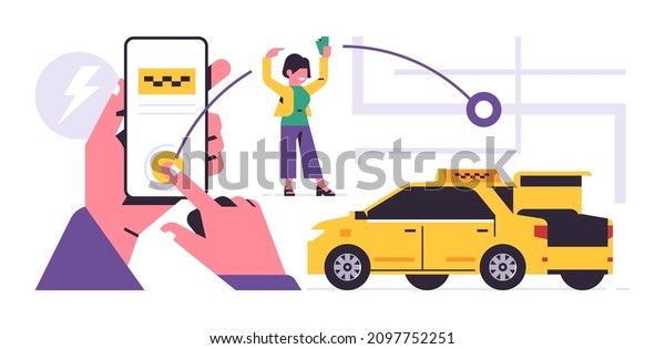 Taxi\
ordering service mobile application concept. A hand holding a phone\
with booking a taxi on the display. Urban cab service, yellow car,\
city map, happy woman. Flat vector\
illustration
