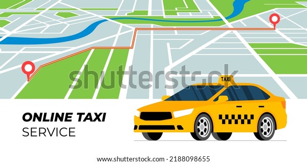 Taxi ordering and tracking service concept.\
Yellow cab stands on city map background with car route. Taxicab\
online order. Get transport web application advertising banner\
concept. Vector\
illustration
