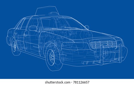 Taxi outline drawing. Vector rendering of 3d. The layers of visible and invisible lines are separated