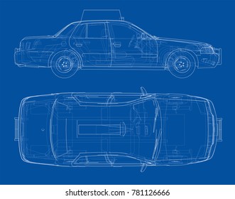 Taxi outline drawing. Vector rendering of 3d. The layers of visible and invisible lines are separated