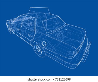 Taxi outline drawing. Vector rendering of 3d. The layers of visible and invisible lines are separated