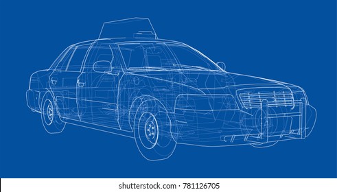 Taxi outline drawing. Vector rendering of 3d. The layers of visible and invisible lines are separated
