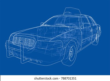 Taxi outline drawing. Vector rendering of 3d. The layers of visible and invisible lines are separated