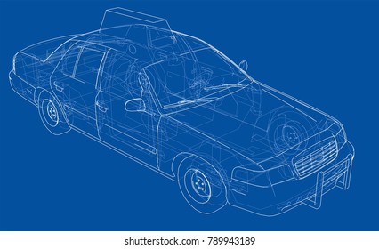 Taxi outline drawing. Vector rendering of 3d. The layers of visible and invisible lines are separated