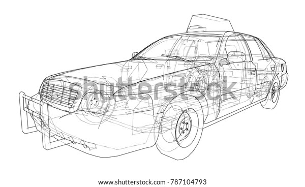 Taxi outline drawing.\
Vector rendering of 3d. The layers of visible and invisible lines\
are separated