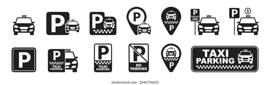 Taxi parking icons set. Parking and traffic signs isolated on transparent background. Various parking signs