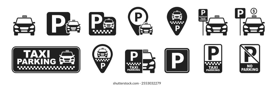 Ícones de estacionamento de táxi definidos. Estacionamento e sinais de trânsito isolados sobre fundo transparente. Vários sinais de estacionamento