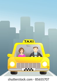 taxi with passenger in big city