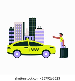 Taxi And Passenger In Flat Vector Illustration Symbolizing Urban Transportation, Ride Hailing, And City Travel, Isolated On White Background