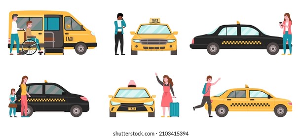 Taxi passengers service. City transport using, disabled people transportation, urban yellow car. Men and women waiting, calling and boarding in auto, different ways. Vector set