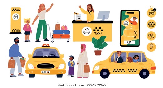 Taxi passengers service. Dispatcher behind counter. Automobile call application. Yellow cars and people with baggage. Public transport. Parents and children. Cab icons