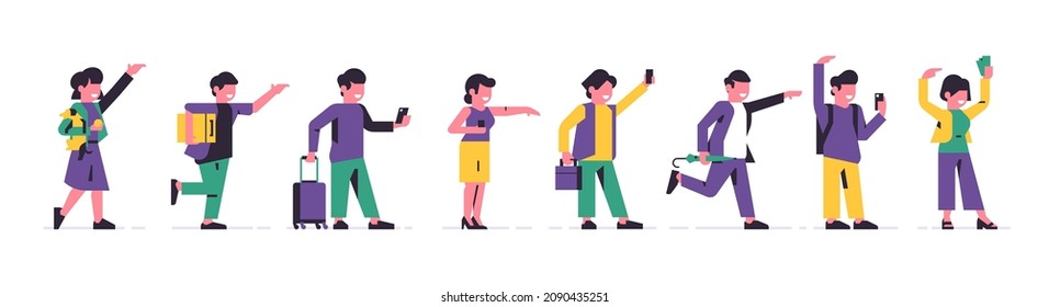 Taxi Passengers Set. A Collection Of People In Different Poses Waiting For A Taxi Service. A Woman With Money, A Man With Suitcases From The Airport, A Running Businessman. Flat Vector Illustration