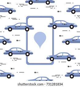 Taxi pattern with taxi mobile app. Design for announcement, advertisement, banner or print.