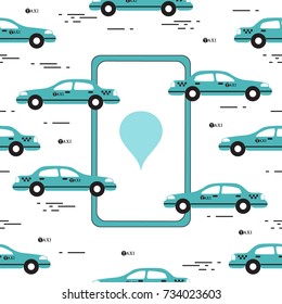 Taxi pattern with taxi mobile app. Design for announcement, advertisement, banner or print.