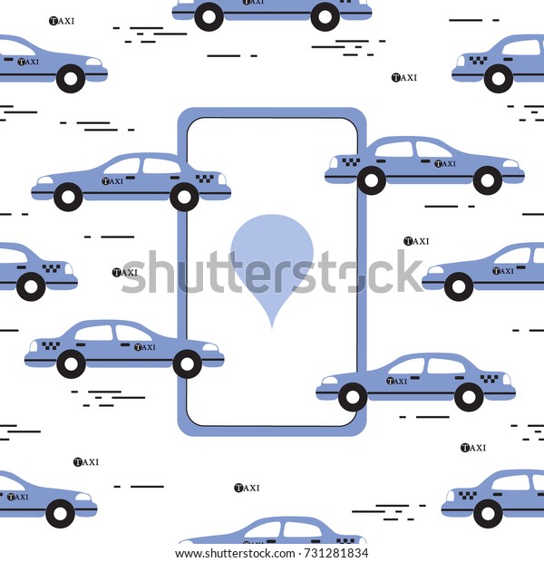 Taxi pattern with taxi\
mobile app. Design for announcement, advertisement, banner or\
print.