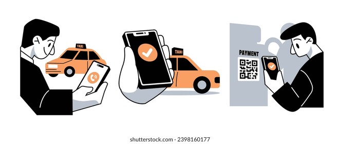 Taxi Payments Contactless Payment Vector Illustration Set