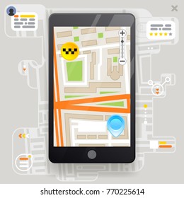 Taxi phone call city street road map place urban landmark town flat design vector illustration