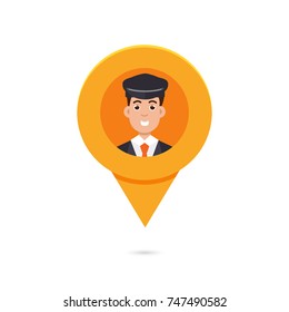 Taxi pin map pointer with avatar limo, taxi driver or cabbie. Vector illustration.