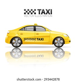Taxi poster with realistic yellow public service car with reflection vector illustration