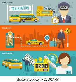 Taxi public auto transport banner set with driver drive service isolated vector illustration