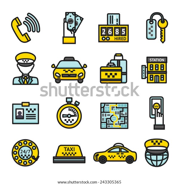 Taxi public passenger transportation\
business icon set isolated vector\
illustration