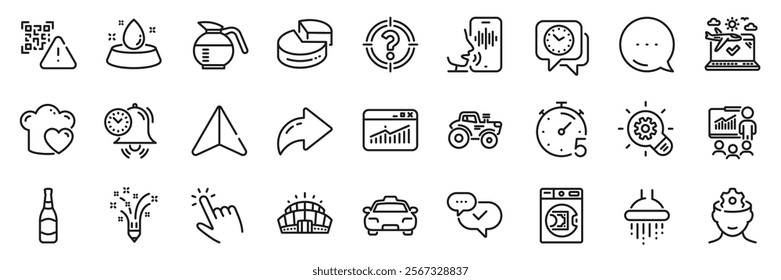 Taxi, Qr code and Pie chart line icons pack. Share, Message, Paper plane icons. Presentation, Arena stadium, Beer bottle web icon. Brain working, Timer, Airplane travel pictogram. Vector