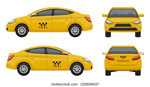 Taxi realistic. Yellow city car vehicle branding taxicab top left and right side vector 3d pictures set isolated. Illustration of car transport, taxi passenger service