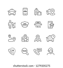 Taxi related icons: thin vector icon set, black and white kit
