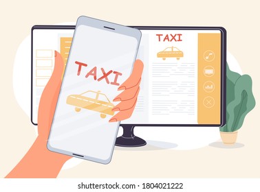 Taxi rent order online service. Cab booking mobile application interface. Carsharing app. Woman hand holding smartphone near computer monitor screen. Auto model choice, car map navigation