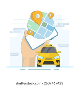 Taxi Rental Concept. Mobile phone with Taxi. Taxi service. Taxi service app on mobile screen. Online booking car. Flat design illustration on background.