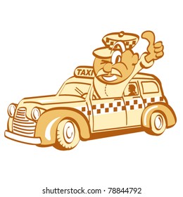 Taxi with retro or vintage style cartoon character driver holding his thumb up.