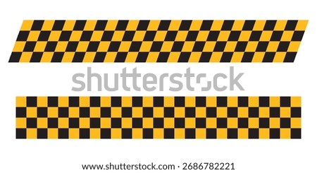 Taxi ribbon patterns in straight and diagonal arrangement isolated on white background. Black and orange checkered textures. Vector flat illustration.