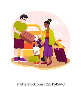 Taxi Ride Isolated Cartoon Vector Illustration. Family Loads Luggage On The Taxi, Airport Shuttle Service, Transfer To The Hotel, Going On Vacation, Parents With Kids On Holiday Vector Cartoon.