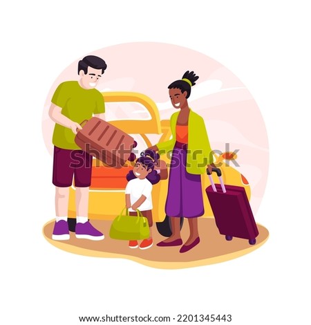 Taxi ride isolated cartoon vector illustration. Family loads luggage on the taxi, airport shuttle service, transfer to the hotel, going on vacation, parents with kids on holiday vector cartoon.