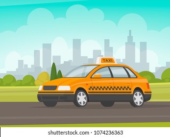 Taxi rides on the city background. Cab. Vector illustration in a flat style