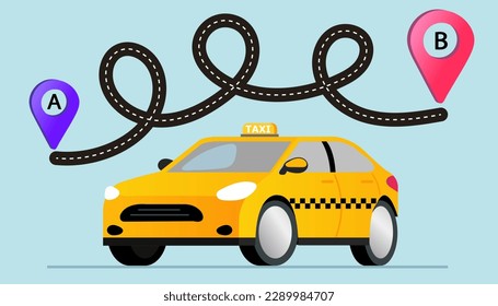 Taxi and road connecting two points. From point A to point B. transport problem solution and an yellow taxi cab. asphalt road connecting two points. Business vector illustration.